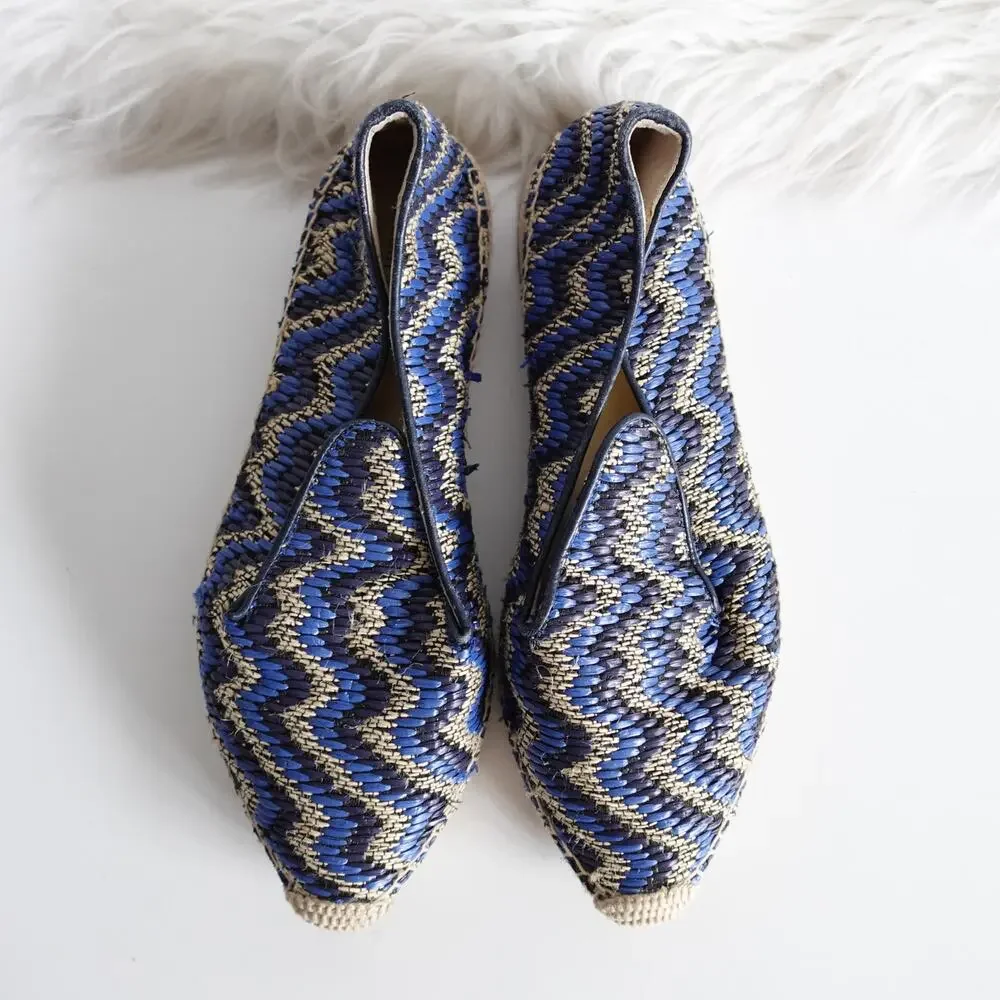 Sarah Flint Andrea Espadrille Loafers Flats Navy Raffia Linen Summer Vacation